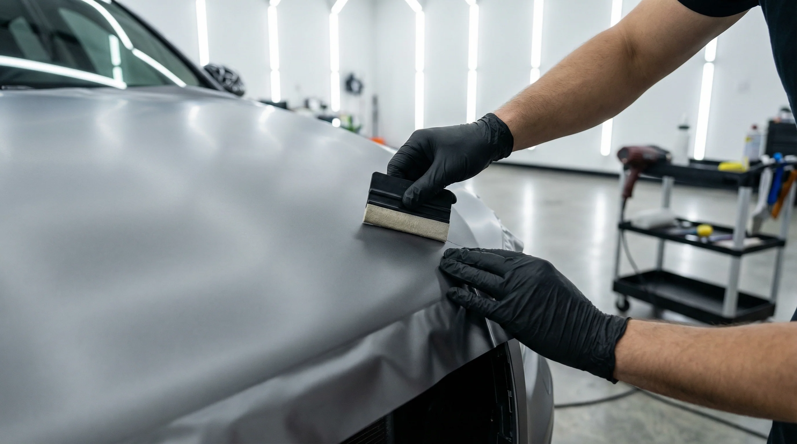 Installer squeegeeing a paint protection film wrap onto a car hood