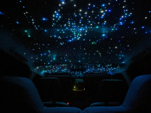 Custom fiber-optic starlight headliner installed in a car ceiling